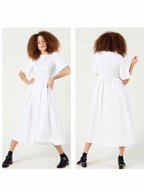 Sandy Liang White Midi Dress Smocked Cotton Poplin XS Casual Cottage Summer 🟡